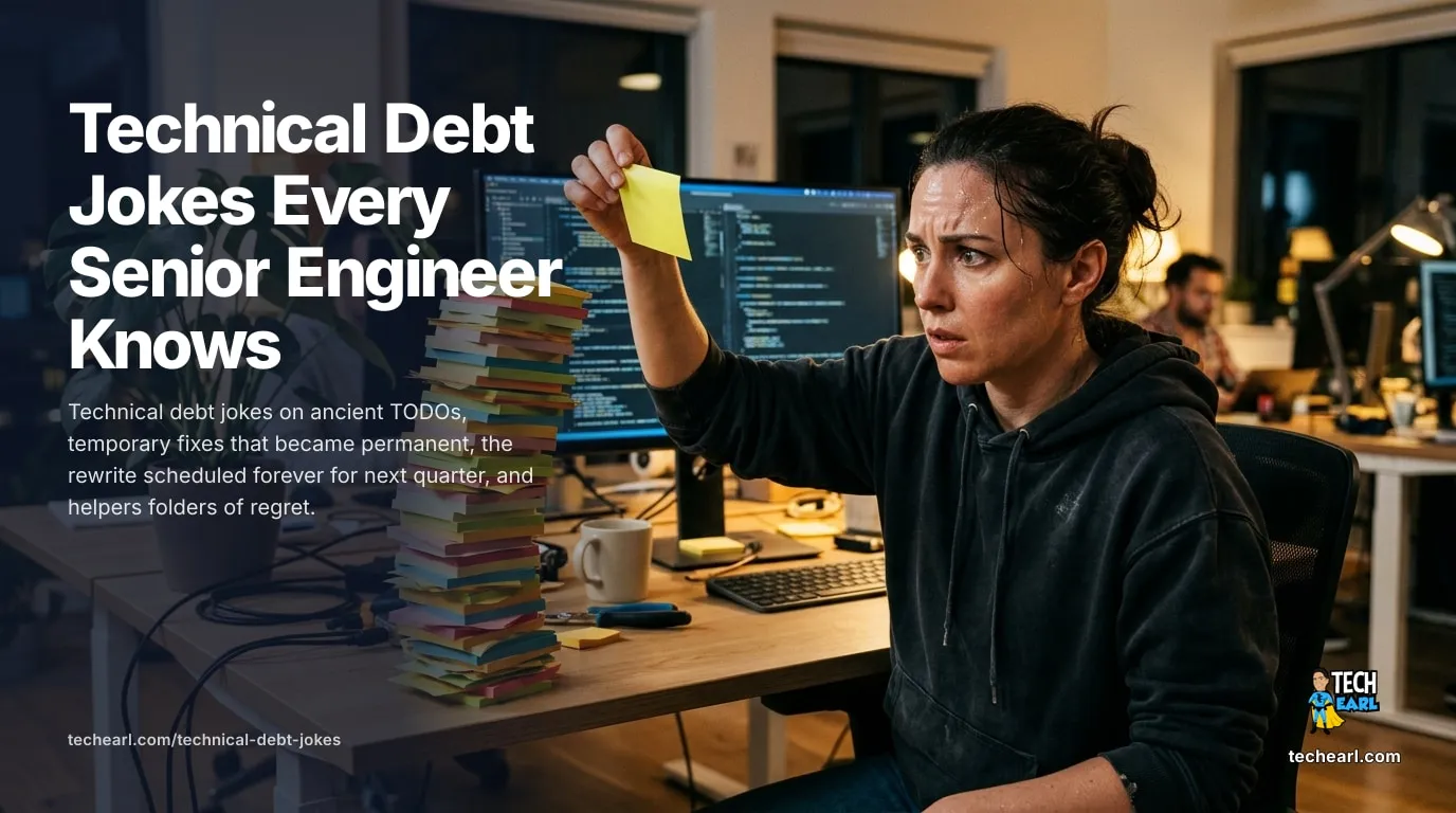 Technical debt humor for senior engineers on ancient TODOs, temporary fixes gone permanent, rewrites scheduled for next quarter, and load-bearing workarounds.