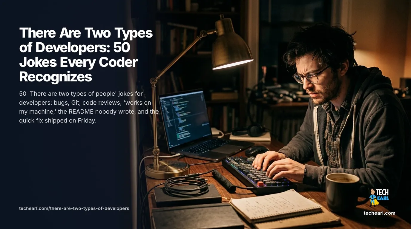 There Are Two Types of Developers: 50 Jokes Every Coder Recognizes 50 'two types of people' jokes for developers: bugs, Git, code reviews, 'works on my machine,' the missing README, and the quick fix shipped on Friday.