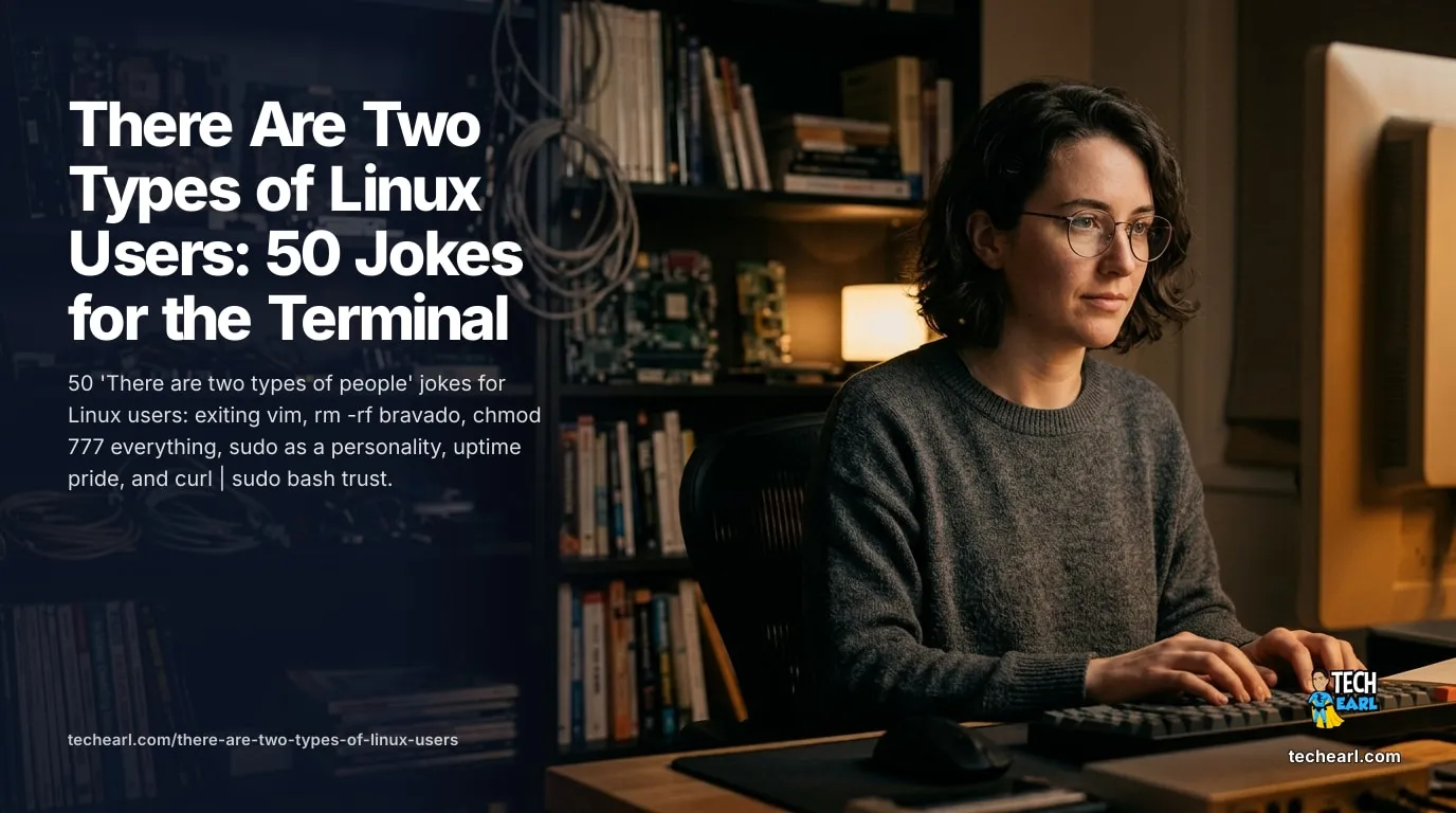 There Are Two Types of Linux Users: 50 Jokes for the Terminal 50 'two types of people' jokes for Linux users: exiting vim, rm -rf bravado, chmod 777, sudo as a personality, uptime pride, and curl piped to bash.