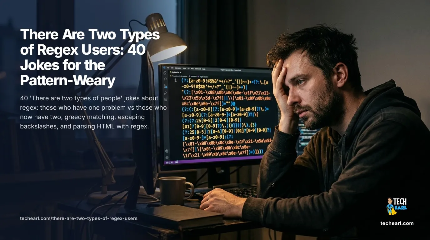 There Are Two Types of Regex Users: 40 Jokes for the Pattern-Weary 40 'two types of people' jokes about regex: one problem vs two problems, greedy matching, escaping backslashes, lookaheads, and parsing HTML with regex.