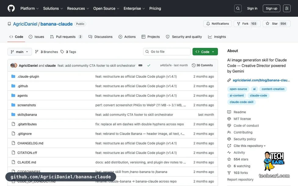 github.com/AgriciDaniel/banana-claude — the GitHub repo for the banana image-generation skill that wraps Google's Nano Banana model