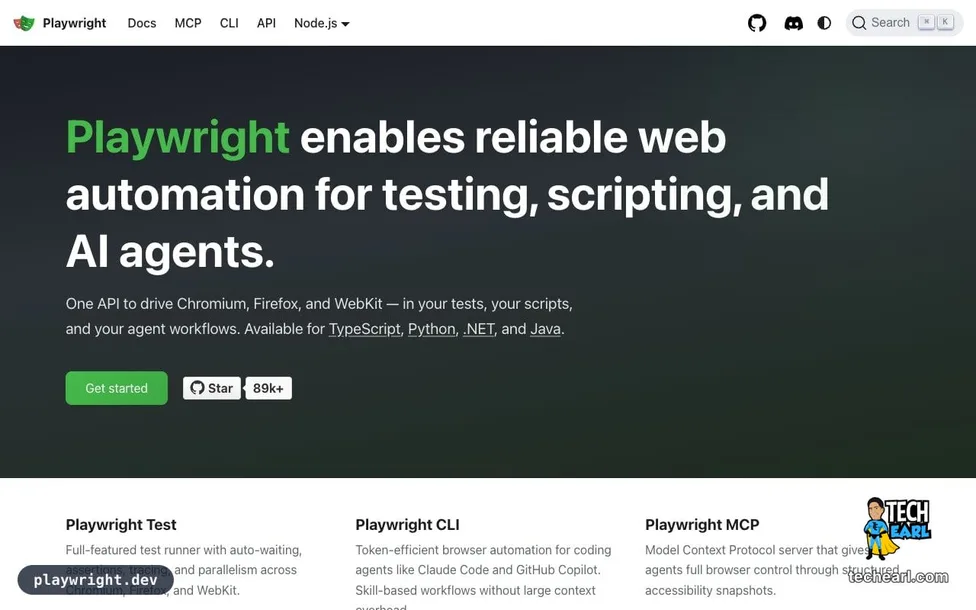 playwright.dev — the home page for Microsoft's Playwright browser-automation framework that the playwright-cli skill wraps