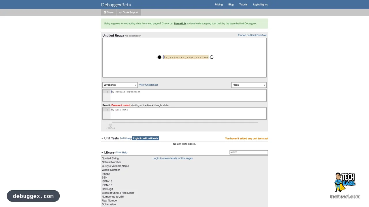 The Debuggex interface showing a regular expression rendered as a railroad-style flow diagram above the pattern input, test string, and a library of saved patterns.