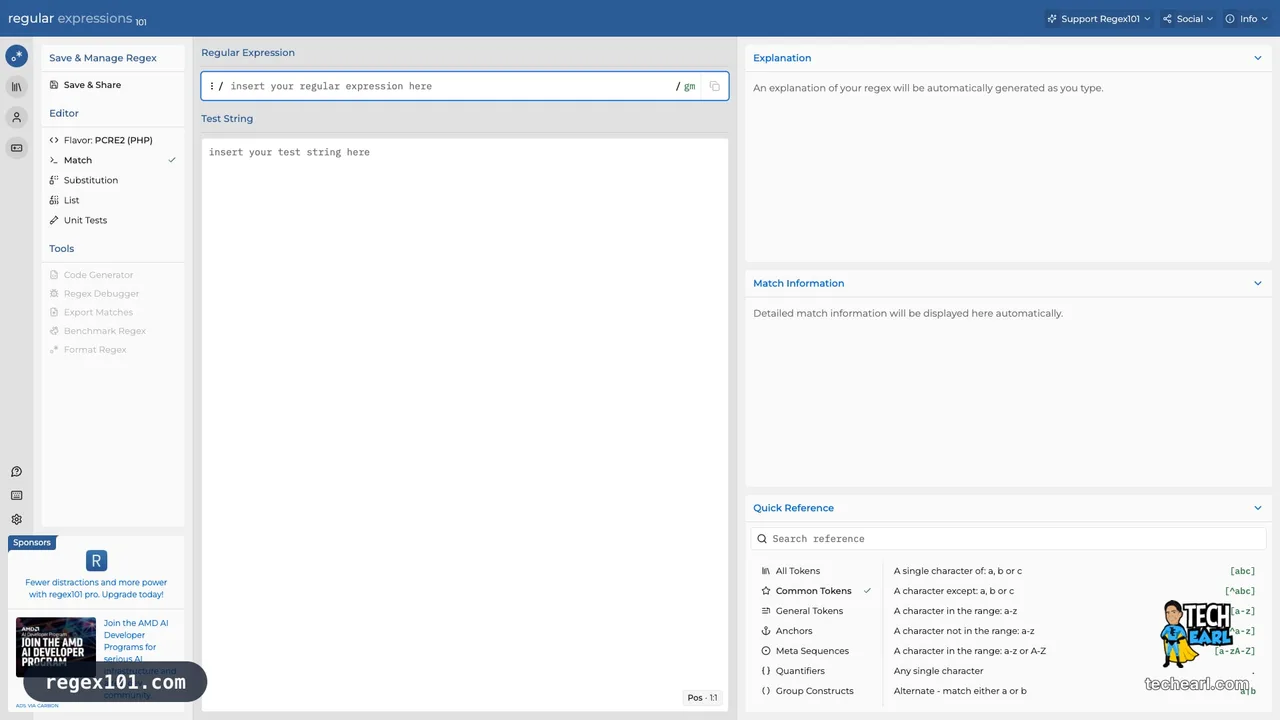The Regex101 interface showing the regular expression input, test string area, live explanation panel, match information, and quick reference, with the PCRE2 (PHP) flavor selected.