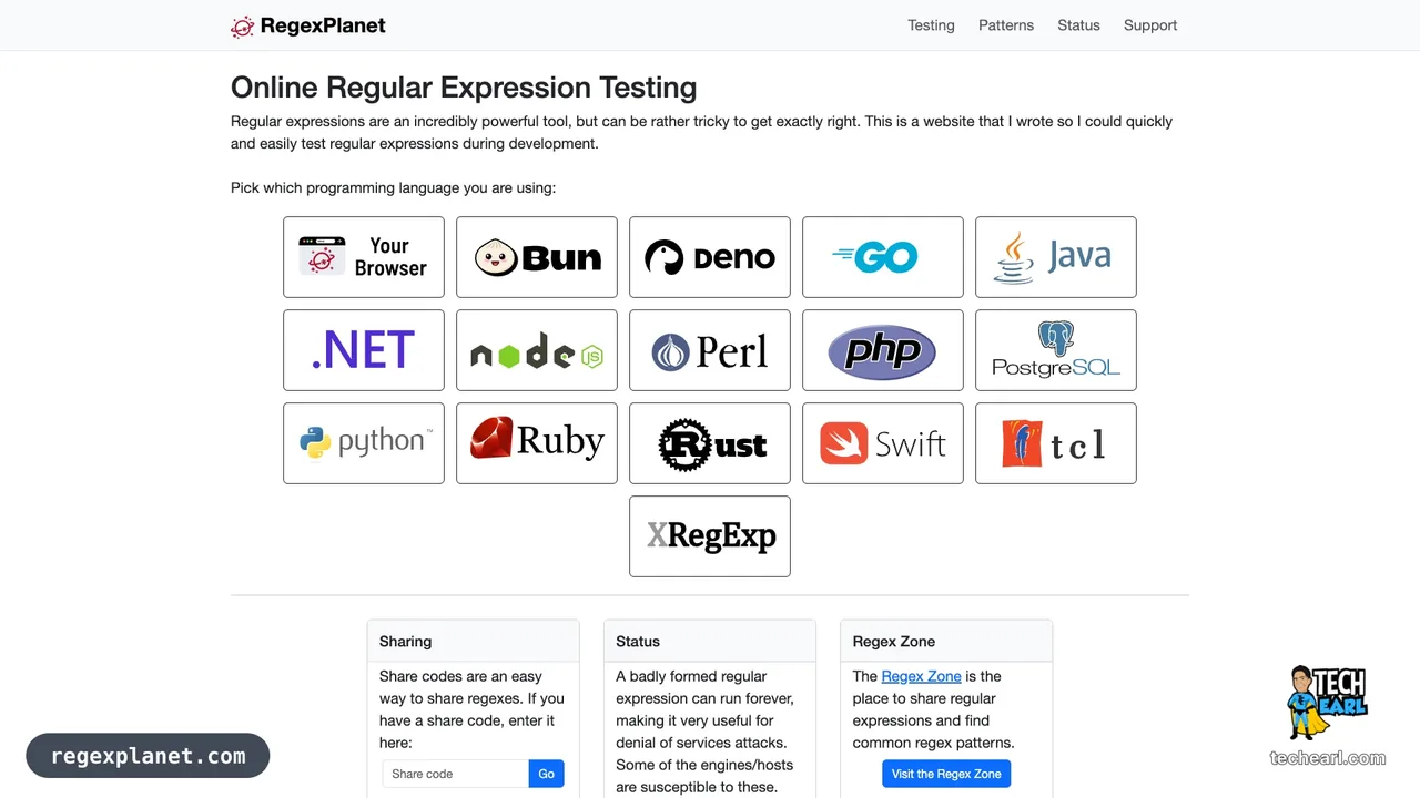 The RegexPlanet Java regular expression test page, showing the expression, replacement, options, and multiple test input fields, with engine-switching controls.