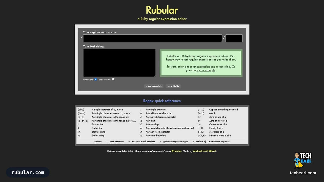 The Rubular interface: a dark-themed Ruby regular expression editor with a pattern field, test string area, live match highlighting, and a regex quick reference table.
