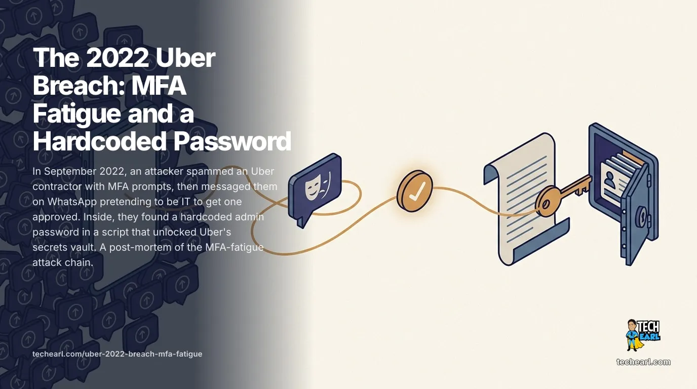 2022 Uber Breach: MFA Fatigue and a Hardcoded Password How the 2022 Uber breach used MFA fatigue plus a WhatsApp pretext, then a hardcoded admin credential in a PowerShell script to reach the PAM vault. The lessons.