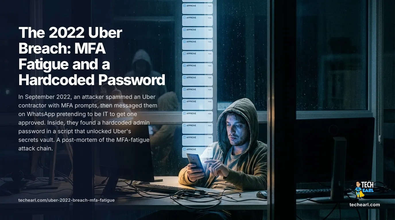 2022 Uber Breach: MFA Fatigue and a Hardcoded Password How the 2022 Uber breach used MFA fatigue plus a WhatsApp pretext, then a hardcoded admin credential in a PowerShell script to reach the PAM vault. The lessons.