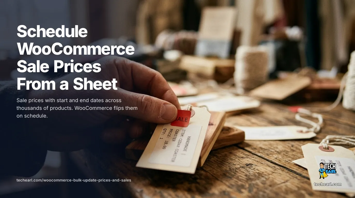 Run a scheduled WooCommerce sale across thousands of products from a Google Sheet: a WP-CLI command sets sale price and on-sale dates via the CRUD. Dry-run, change-only.