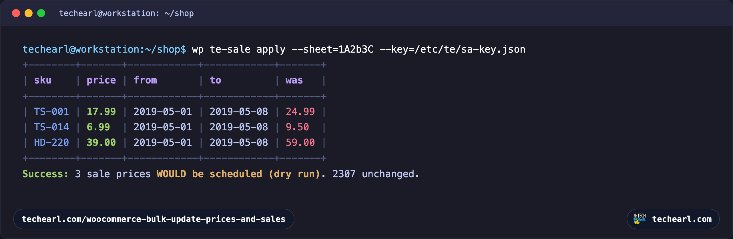 A terminal running wp te-sale apply as a dry run, showing a table of products whose scheduled sale price and on-sale from and to dates would be set from the Google Sheet, with the previous sale price in a was column, change-only, ending with a count of sales that would be scheduled