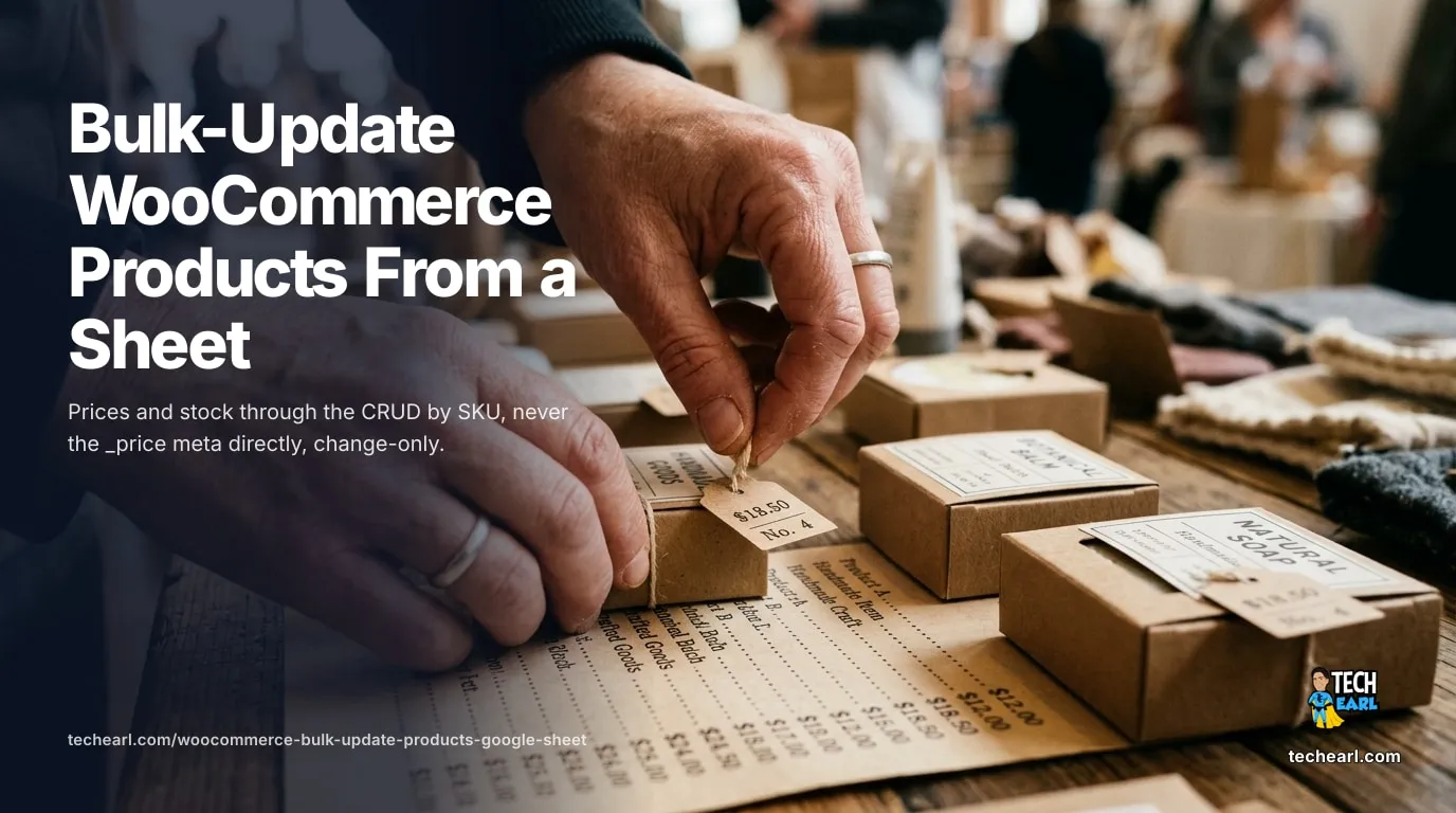 Bulk-Update WooCommerce Products From a Google Sheet Pull a SKU/price/stock Google Sheet into WooCommerce and apply each row through the product CRUD, not raw _price meta. WP-CLI, service account, change-only, dry-run first.