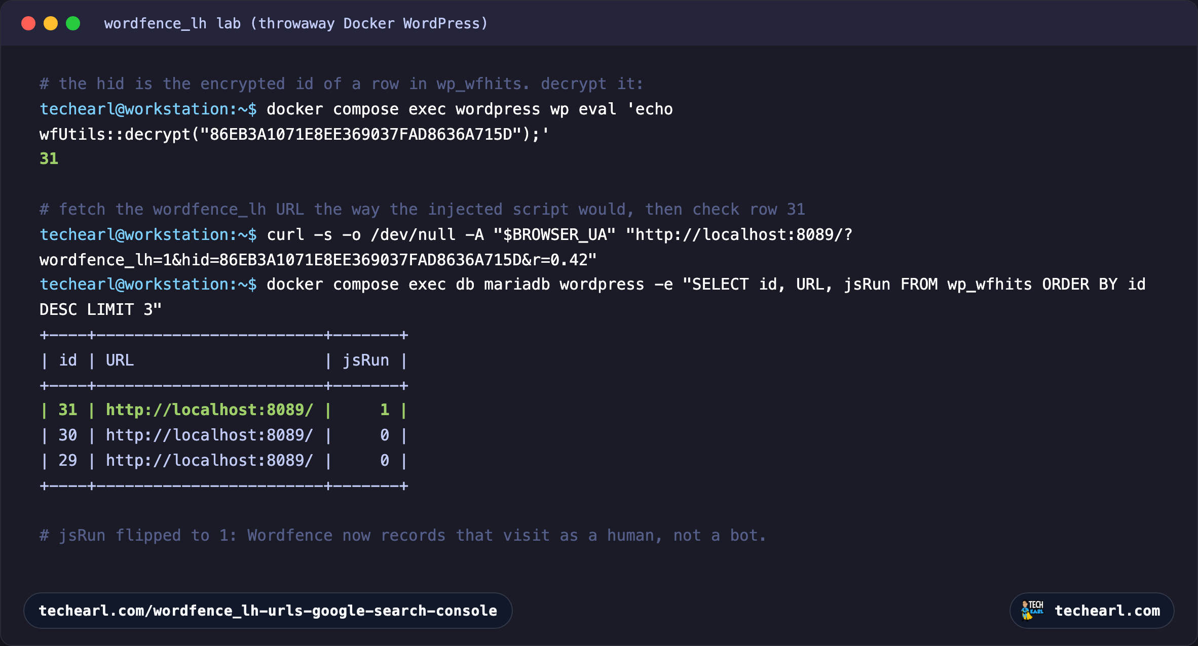 Terminal showing the hid parameter decrypting to wfhits row 31, and the jsRun column flipping to 1 after the wordfence_lh URL is requested