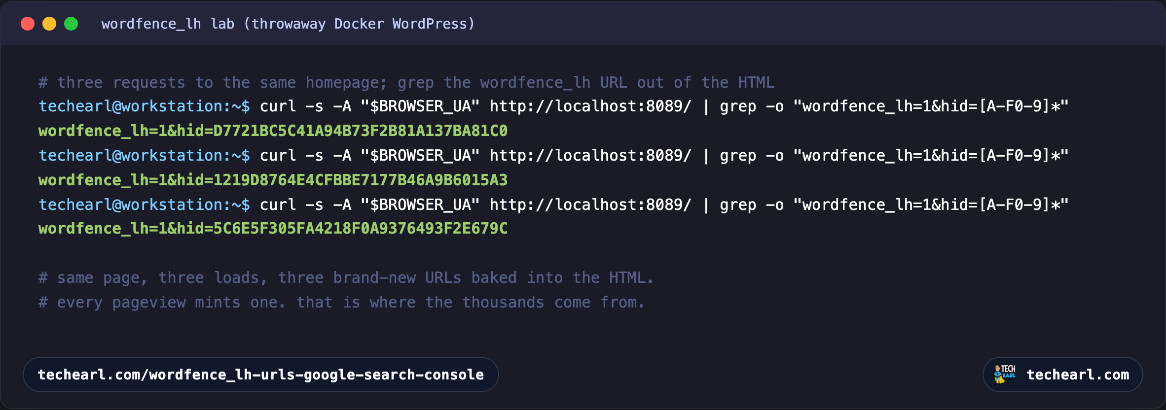 Terminal showing three curl requests to the same WordPress homepage, each returning a different wordfence_lh hid value in the HTML source