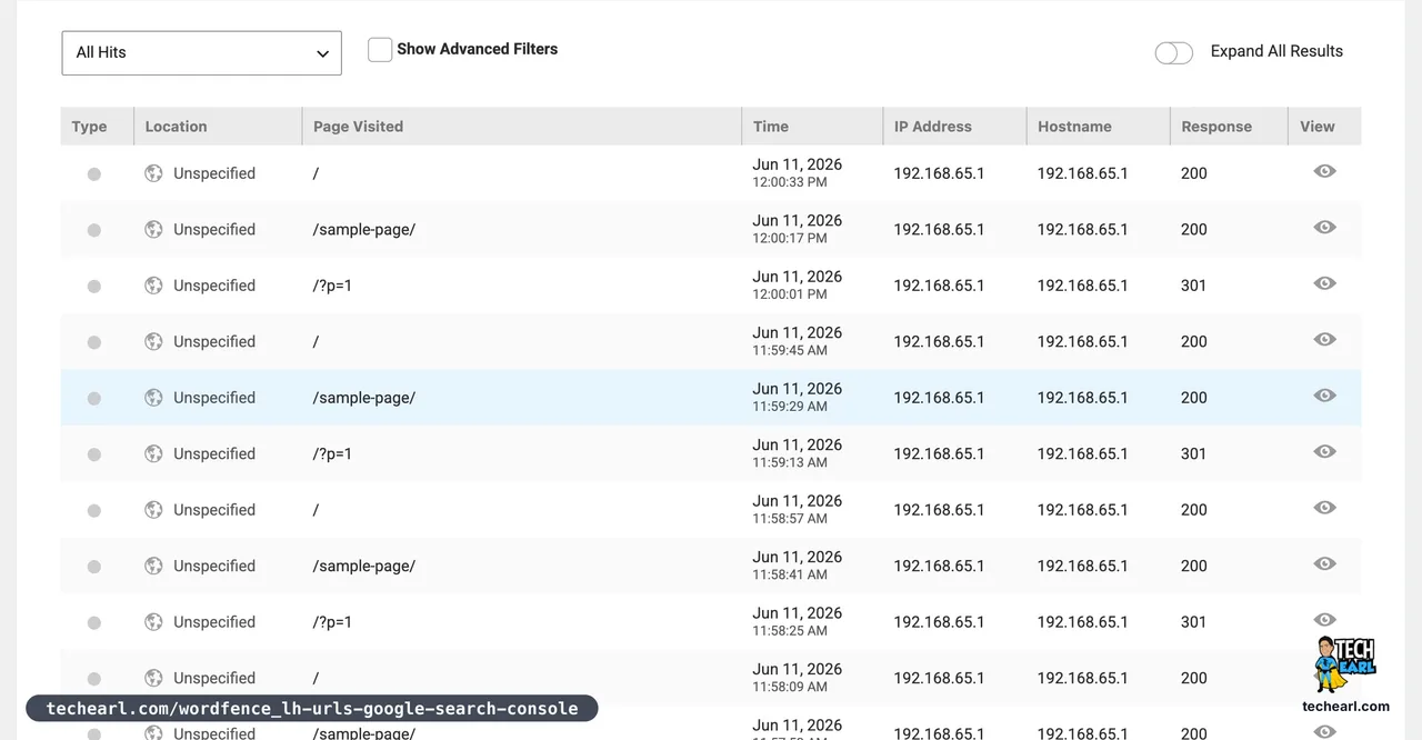 Wordfence Live Traffic feed on a test install showing page visits with type, IP address, response code, and human or bot classification dots