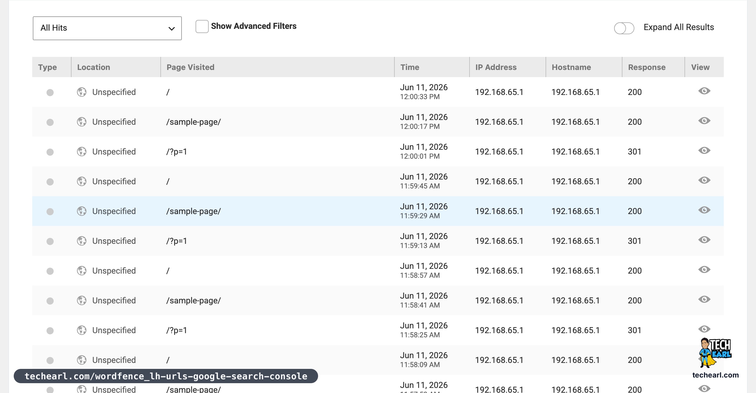 Wordfence Live Traffic feed on a test install showing page visits with type, IP address, response code, and human or bot classification dots