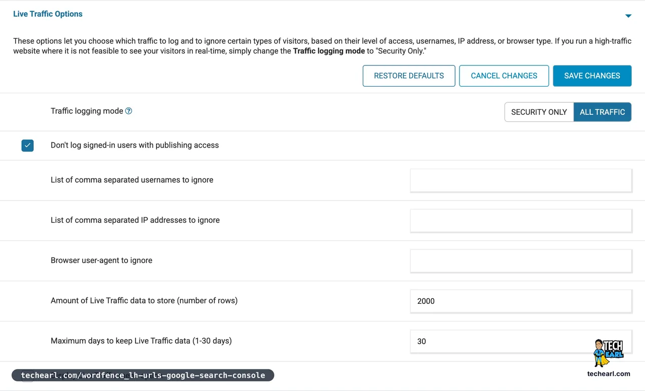 Wordfence Live Traffic Options panel with the Traffic logging mode control showing SECURITY ONLY and ALL TRAFFIC buttons, ALL TRAFFIC currently selected