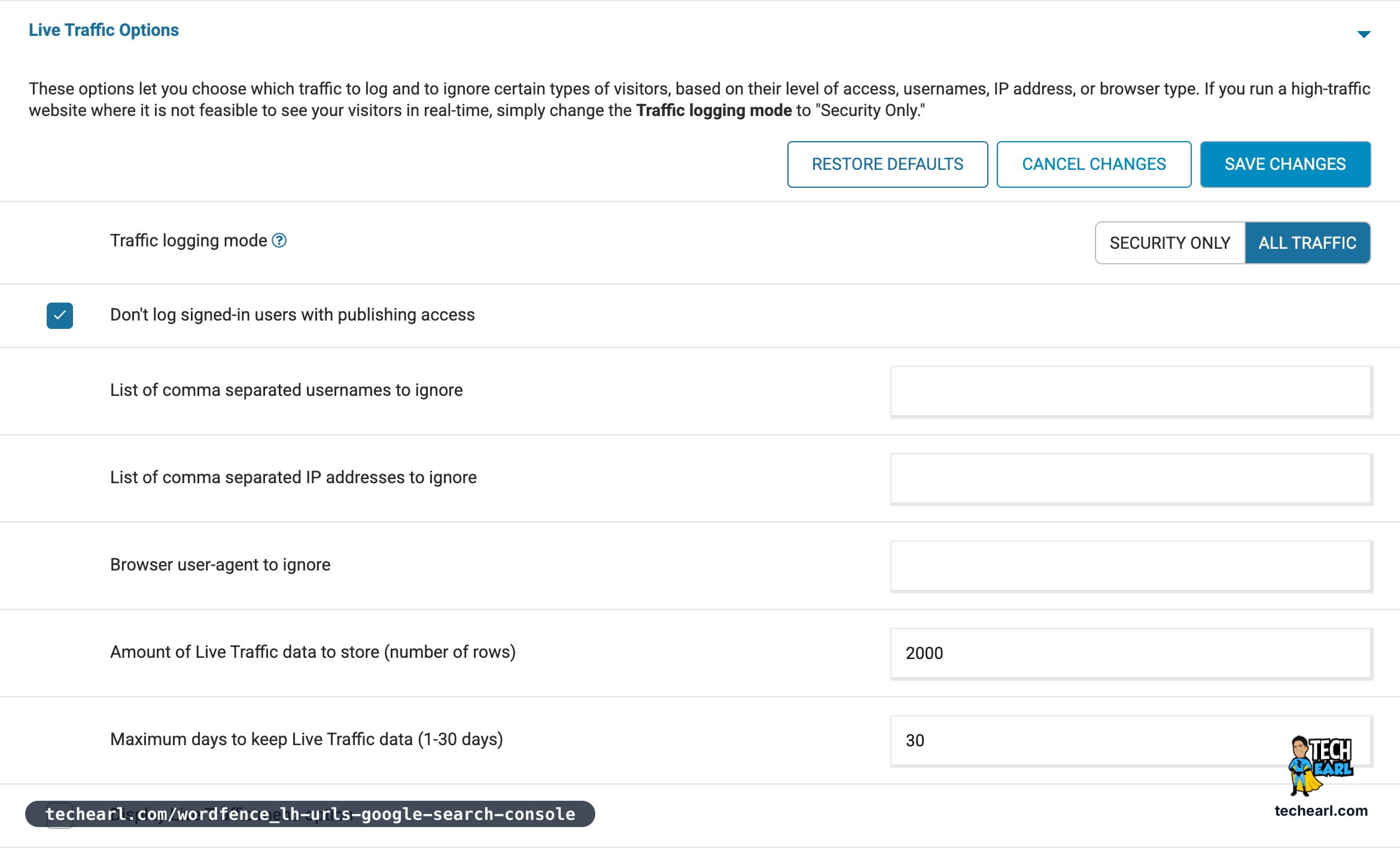 Wordfence Live Traffic Options panel with the Traffic logging mode control showing SECURITY ONLY and ALL TRAFFIC buttons, ALL TRAFFIC currently selected