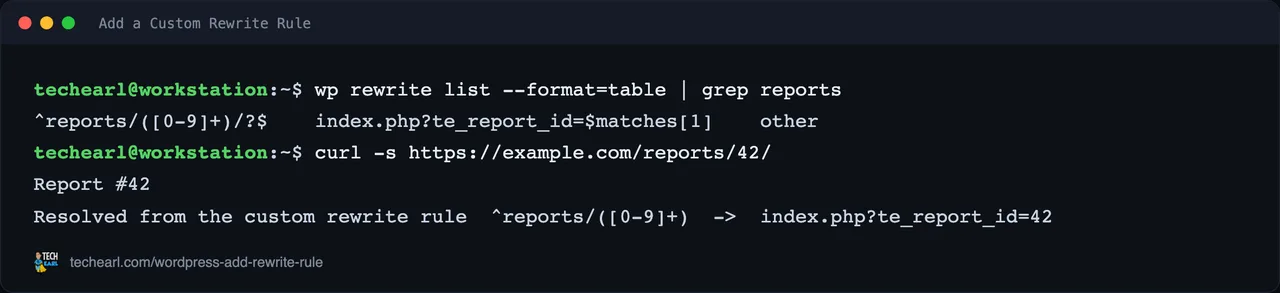 wp rewrite list showing the custom reports rewrite rule registered, and curl resolving /reports/42/ through the custom handler