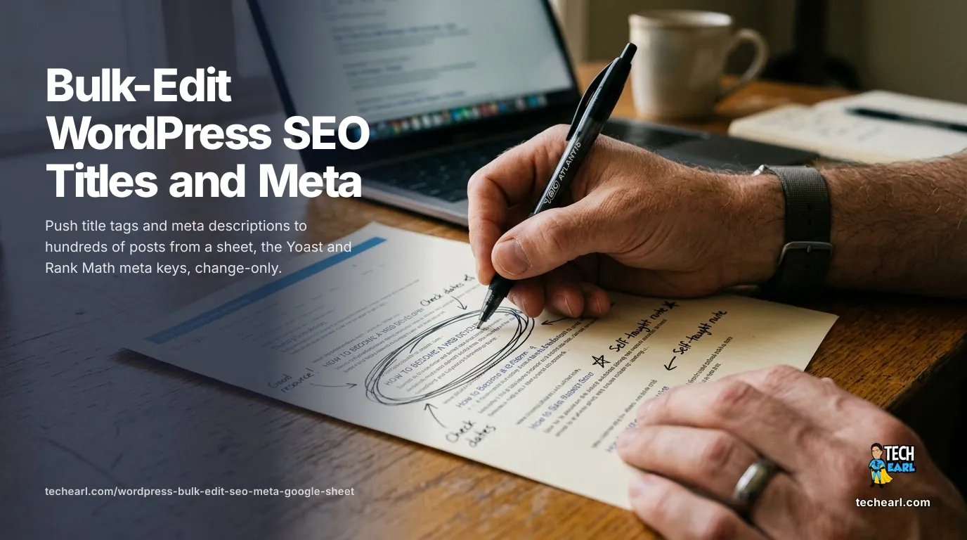 Bulk-Edit WordPress SEO Titles and Meta From a Google Sheet Edit SEO titles and meta descriptions at scale from a Google Sheet: a WP-CLI command writes the Yoast or Rank Math meta keys, change-only and dry-run by default. No editor.