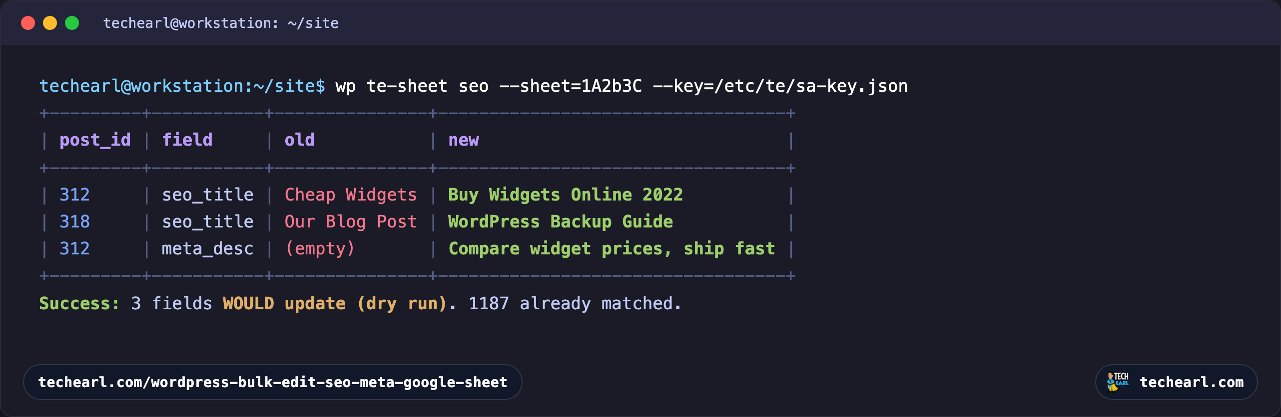 A terminal running wp te-sheet seo as a dry run, showing a table of posts whose SEO title and meta description would change from their old values to the new values sourced from the Google Sheet, ending with a success line reporting the number of SEO fields that would update.