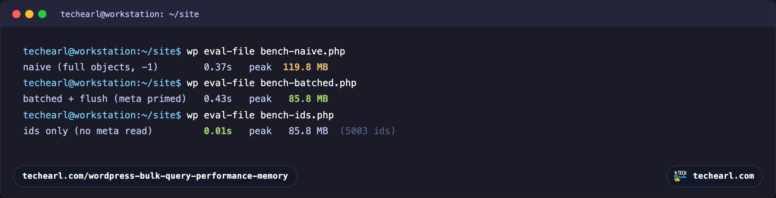 A terminal showing three WP_Query runs over 5000 posts: the naive full-object run peaks at 119.8 MB, the batched-and-flushed run at 85.8 MB, and an ids-only run finishing in 0.01s