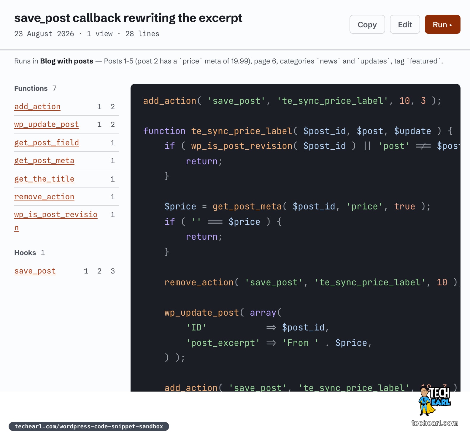 A WPPaste paste page showing syntax-highlighted PHP with a sidebar listing seven core functions and one hook detected in the snippet, each linking to its reference page