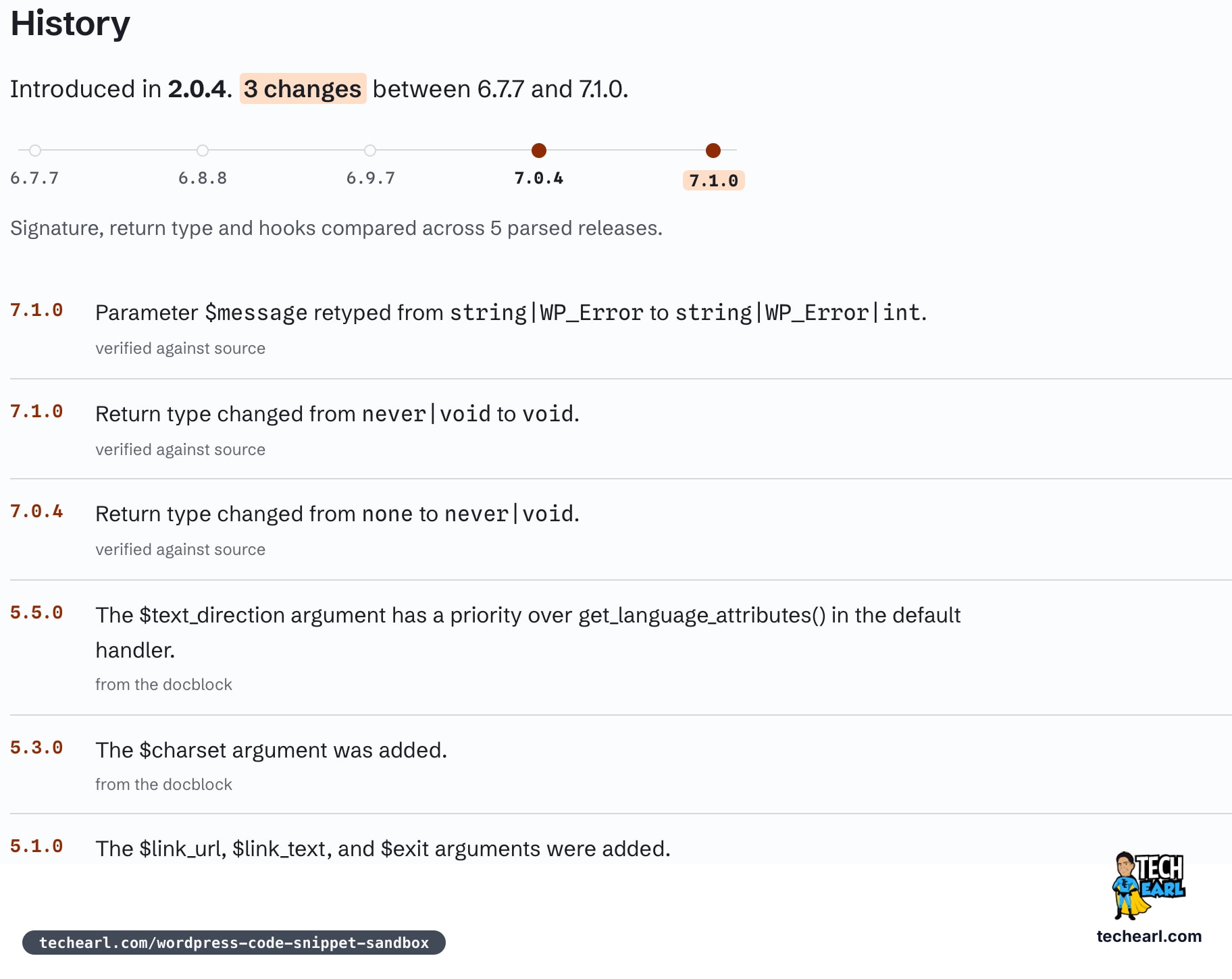 The History section of the wp_die reference page showing three signature changes between WordPress 6.7.7 and 7.1.0, each marked as verified against source