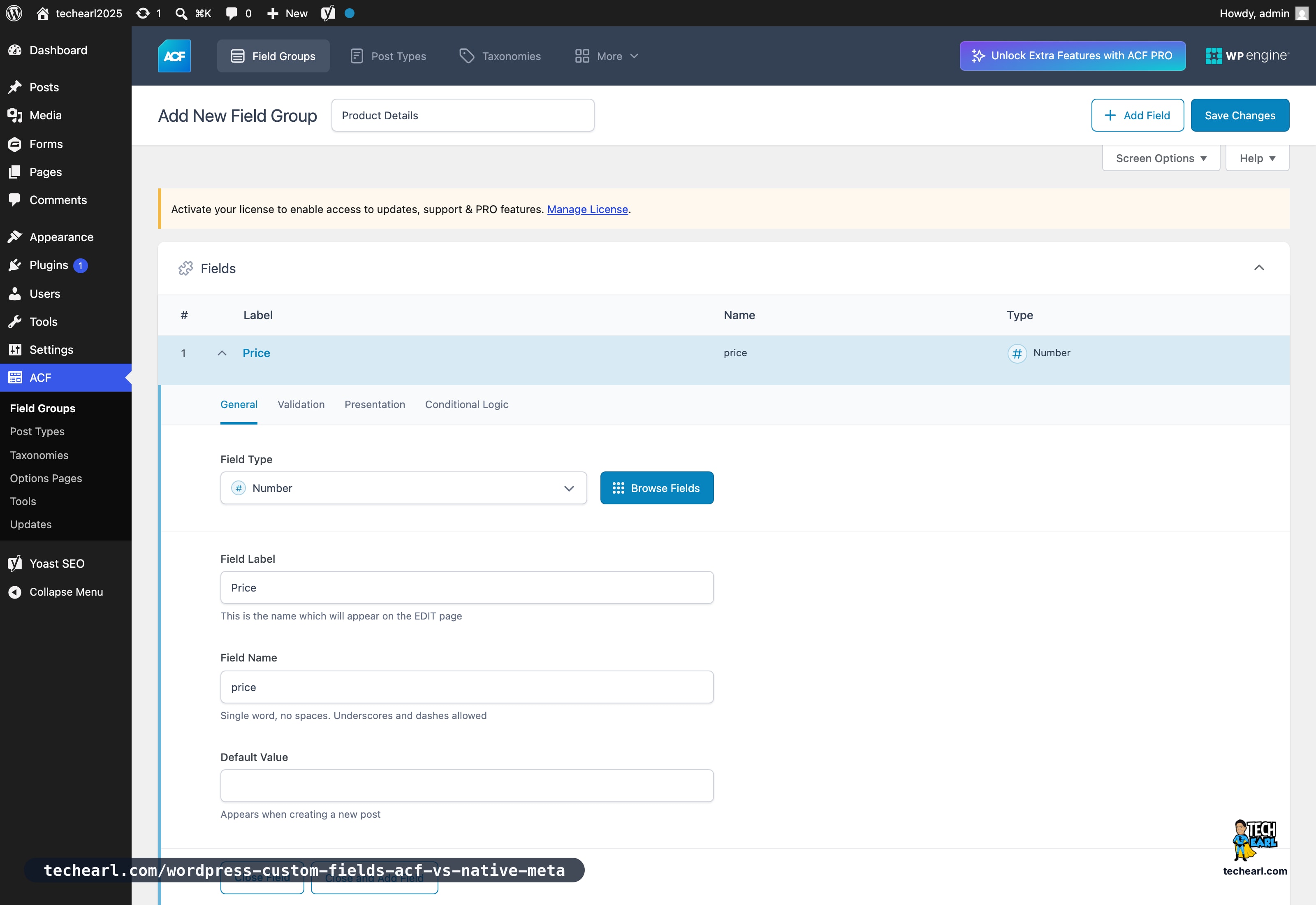 The ACF field group editor in WordPress admin, defining a Product Details group with a Price number field attached to the post type