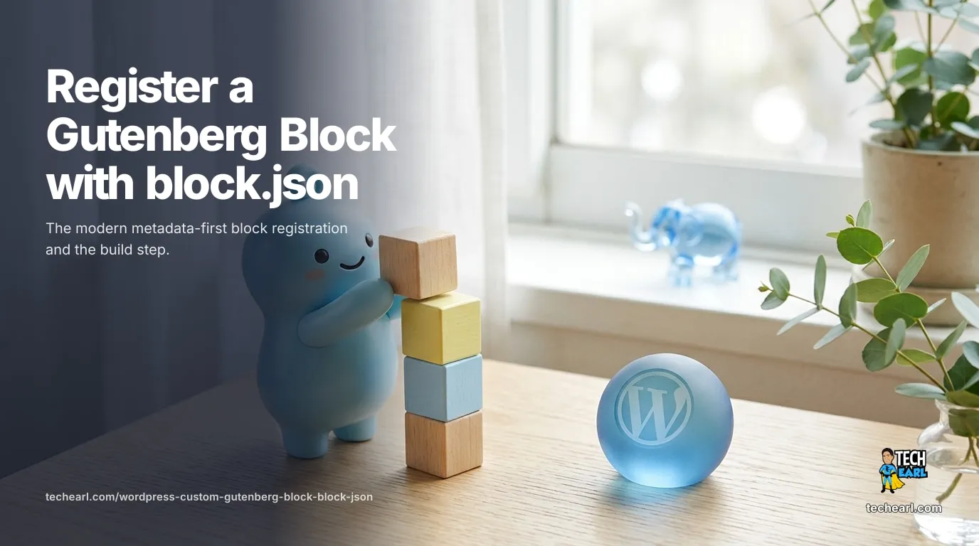 Register a Custom Gutenberg Block with block.json (WordPress 5.8+) How to register a custom Gutenberg block with block.json: the metadata-first approach using register_block_type() on the init hook, the file: asset convention, and a @wordpress/scripts build step that ships edit.js and save.js.