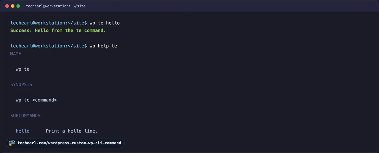 running the custom wp te hello WP-CLI command and its success output