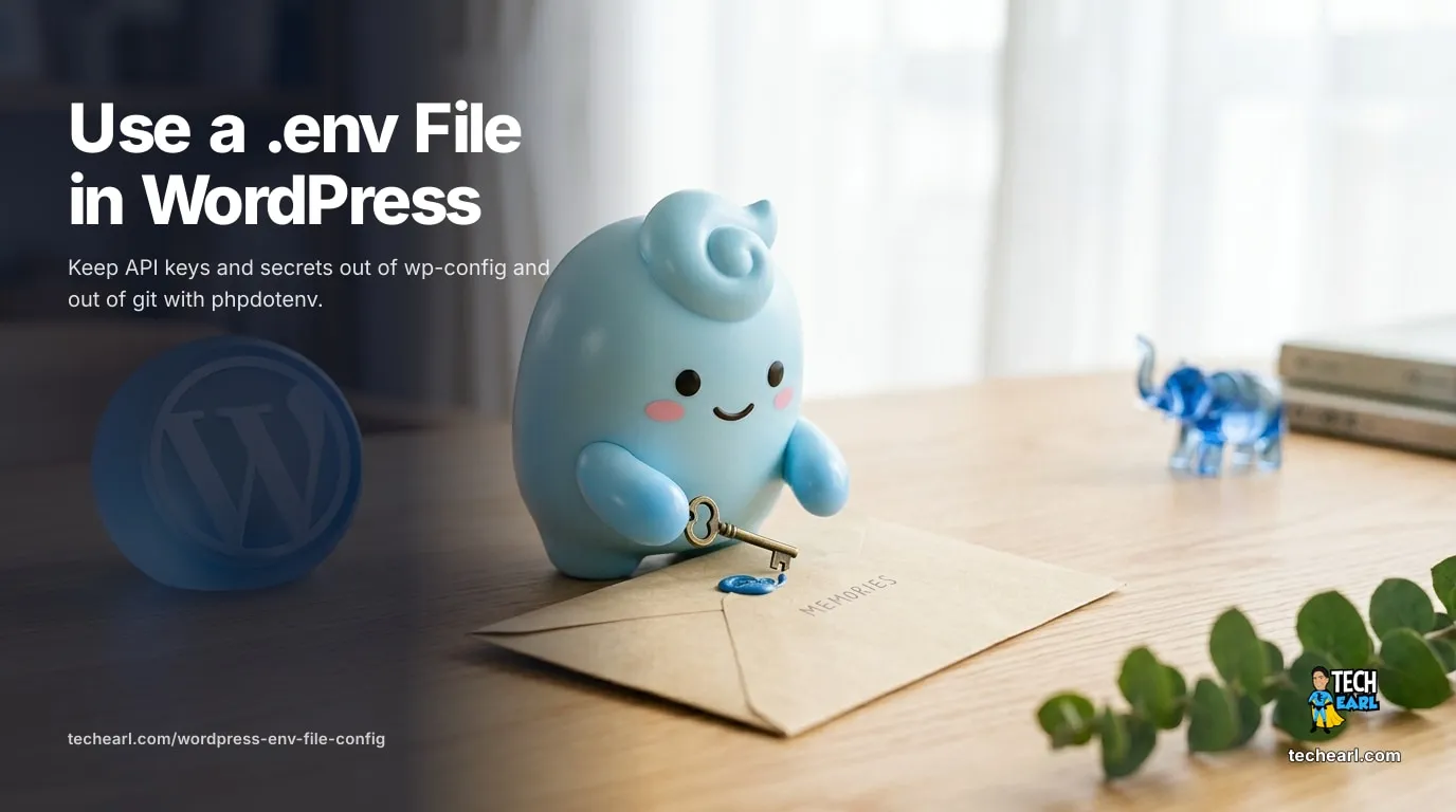 Use a .env File for WordPress Config and Secrets (phpdotenv) Load WordPress secrets from a .env file with vlucas/phpdotenv: install via Composer, read values through a te_env() helper, feed DB_HOST and friends into define(), and keep .env out of git with .gitignore and a committed .env.example.