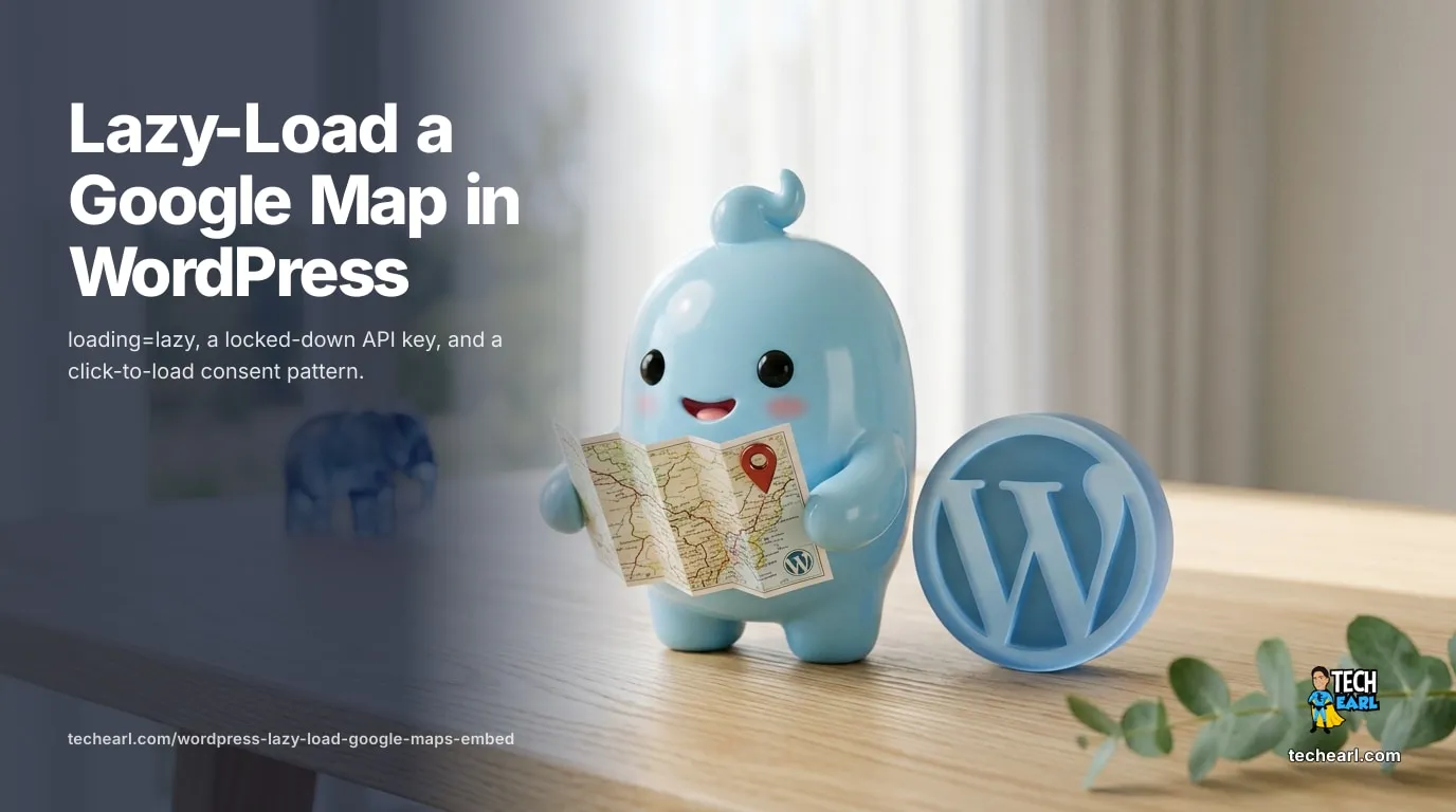 Embed a lazy-loaded, privacy-friendly Google map in WordPress: the free Maps Embed API iframe with loading=lazy, a te_map shortcode, a referrer-restricted API key, and a click-to-load consent pattern.