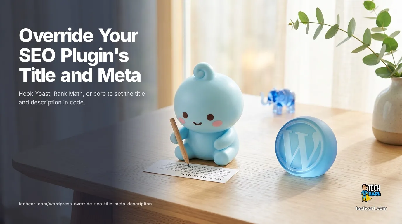 How to override the SEO title and meta description in WordPress: hook wpseo_title/wpseo_metadesc for Yoast, rank_math/frontend/title and description for Rank Math, or pre_get_document_title for core.