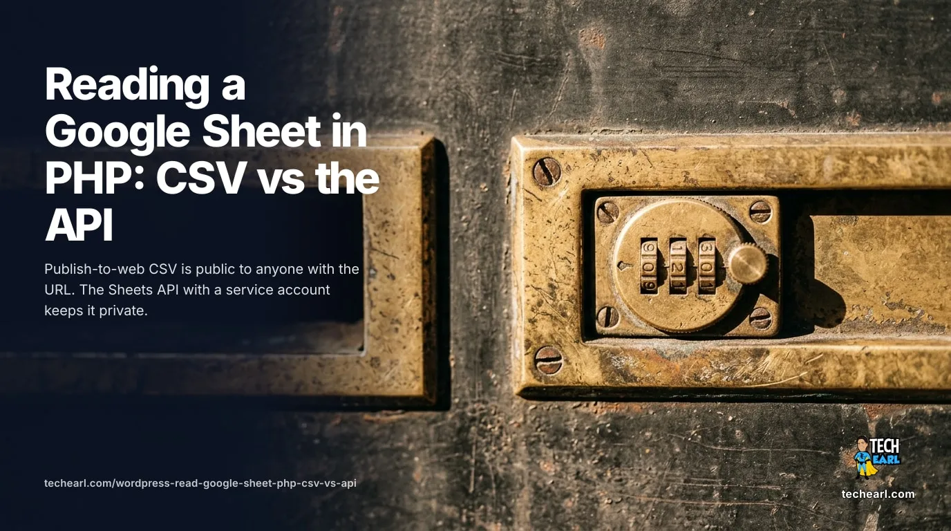 Reading a Google Sheet from PHP two ways: a public publish-to-web CSV versus the authenticated Sheets API with a service account