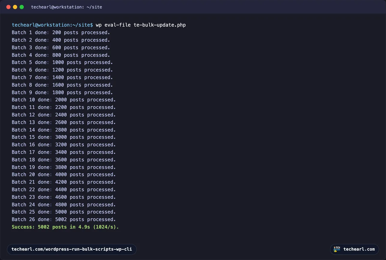 A terminal running wp eval-file, logging each batch of 200 posts and finishing with a success line reading 5,002 posts in 4.9s at 1024 posts per second