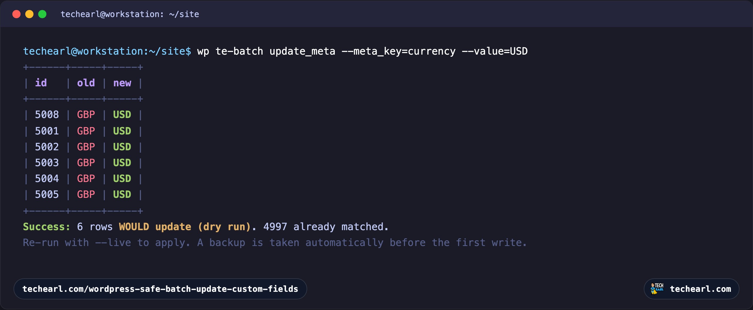 A terminal running the te-batch update_meta command as a dry run, listing six rows whose currency value would change from GBP to USD, ending with a count of 6 would-change and 4997 already matched, and a prompt to re-run with --live