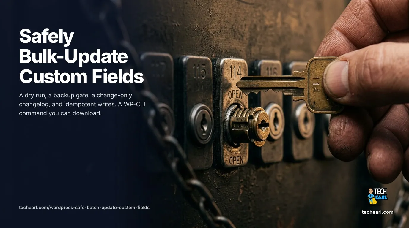 Running a safe bulk custom-field update in WordPress with a dry run, backup gate, and change-only changelog