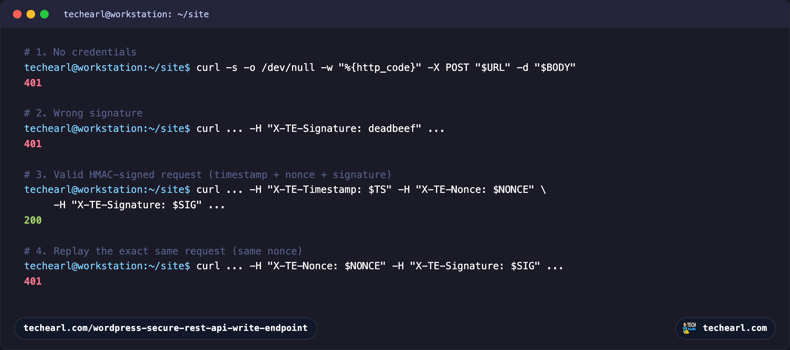 A terminal making four requests to the hardened endpoint: no key returns 401, a wrong key returns 401, a valid HMAC-signed request returns 200, and a replayed request with the same nonce returns 401