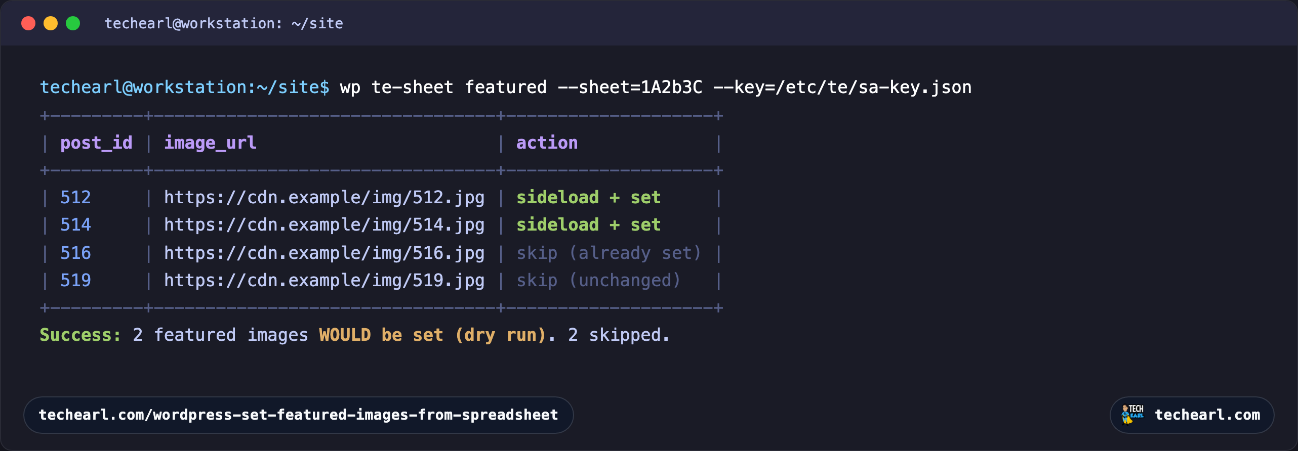 A terminal running wp te-sheet featured as a dry run: a table lists posts 5001 to 5004 with their image URLs and an action of set from sheet, while two already-thumbnailed posts are absent because they were skipped, ending with a success line saying four featured images would be set from the sheet