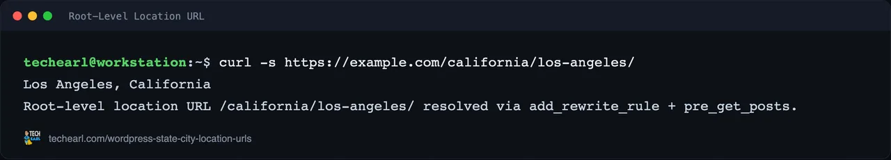 curl resolving the root-level location URL /california/los-angeles/ to the location content