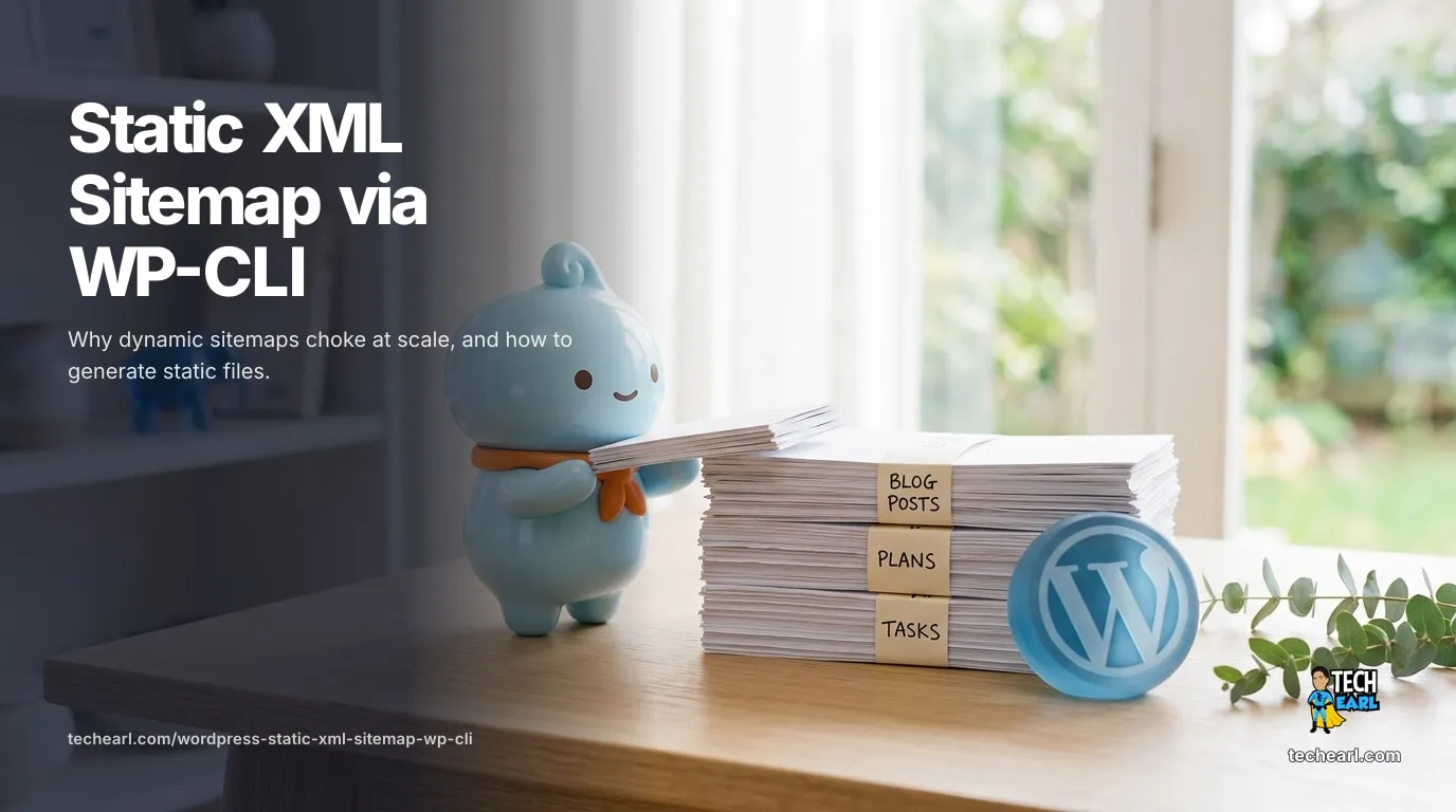 Generate a static XML sitemap for a large WordPress site with a WP-CLI command: chunked to the 50,000-URL sitemaps.org limit, with a sitemap index, written to disk and regenerated on a cron schedule instead of per request.