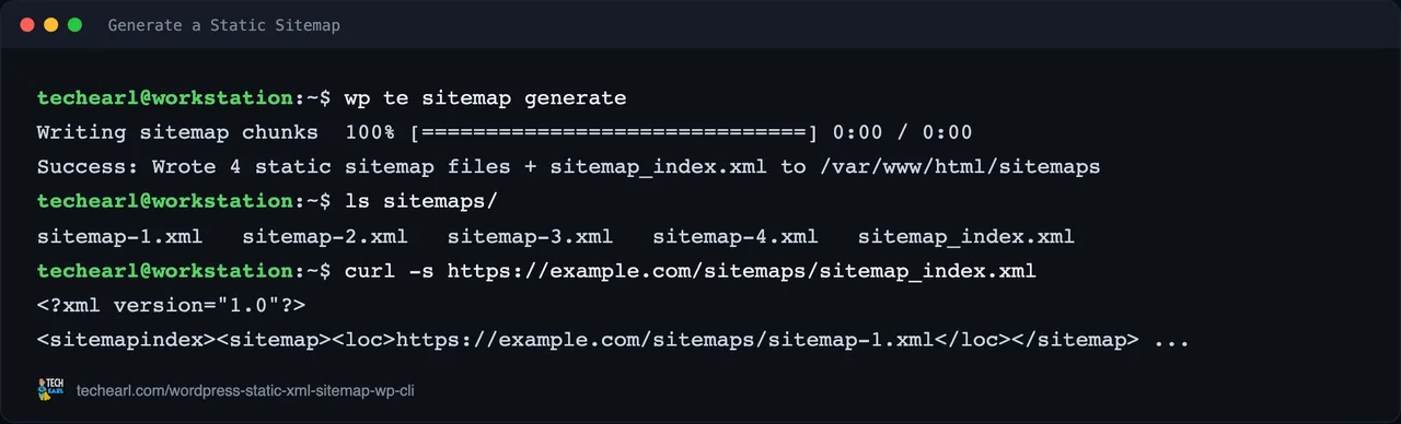the wp te sitemap generate command writing chunked static sitemap files plus a sitemap index, then curl fetching the index
