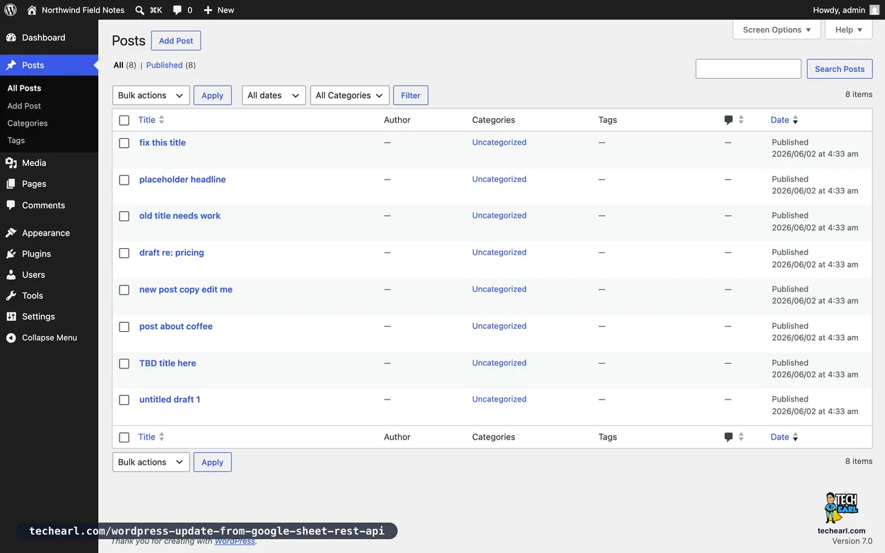 The WordPress All Posts admin screen listing eight posts with placeholder titles like untitled draft 1, TBD title here, and fix this title