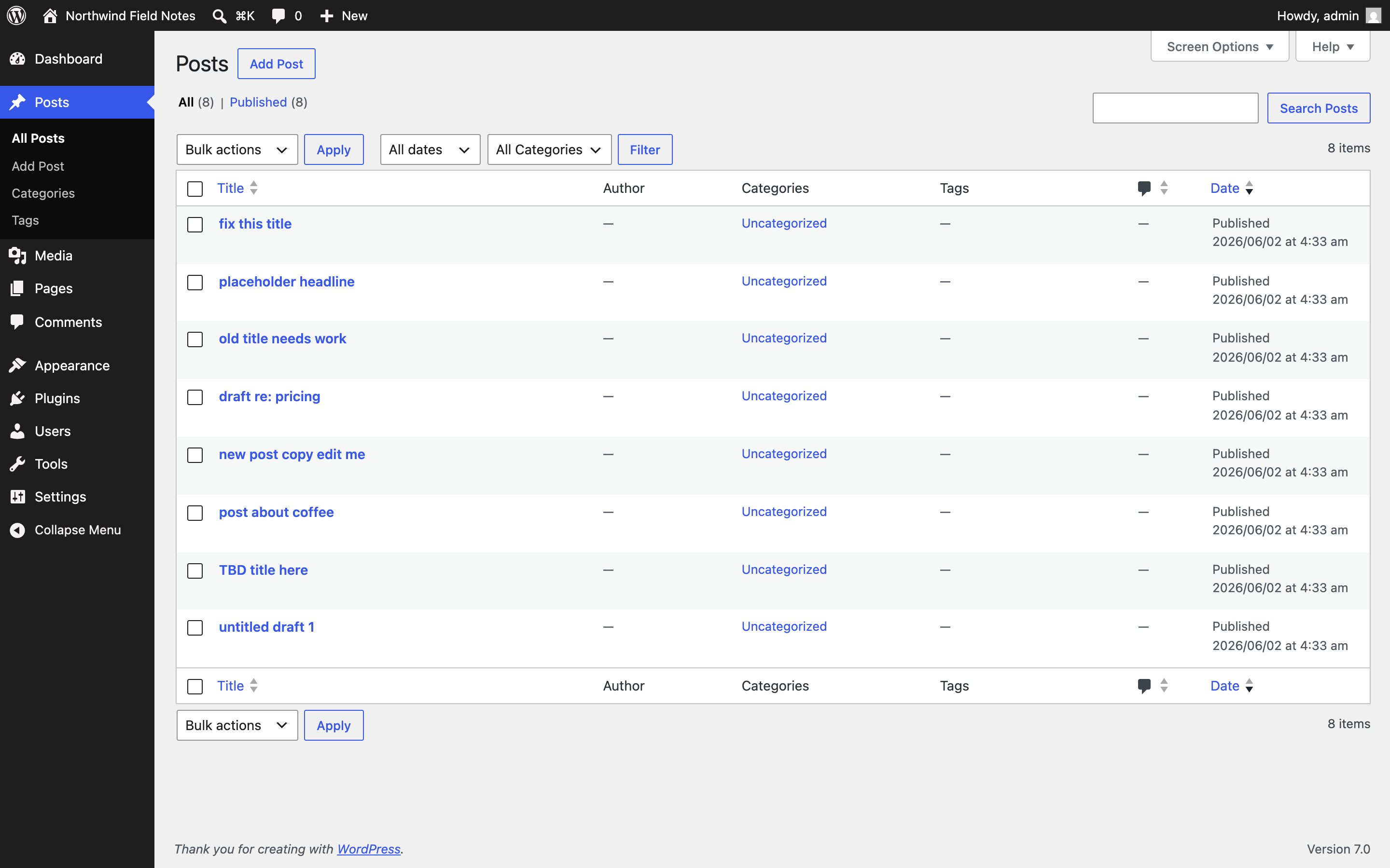 The WordPress All Posts admin screen listing eight posts with placeholder titles like untitled draft 1, TBD title here, and fix this title