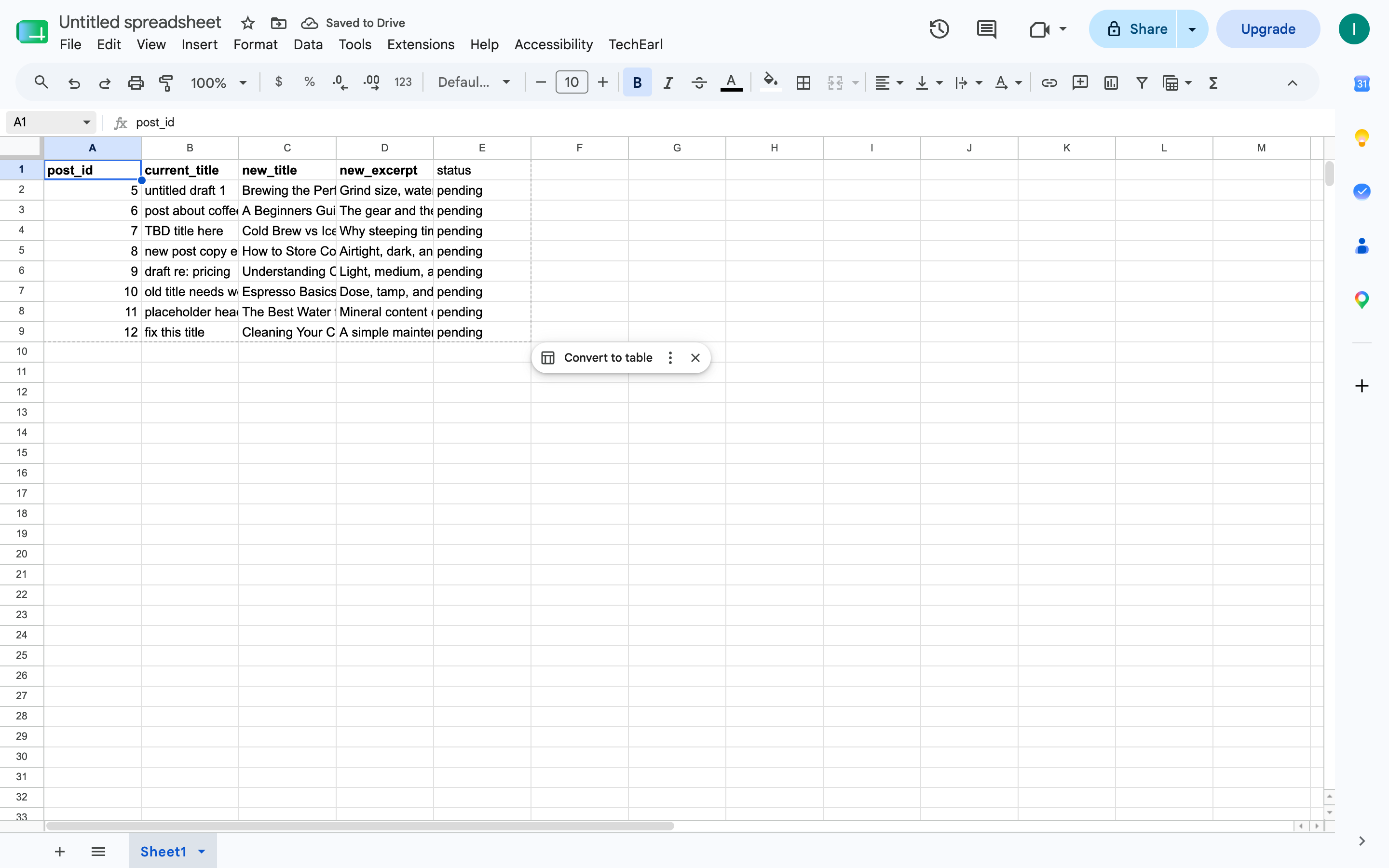 A Google Sheet with columns post_id, current_title, new_title, new_excerpt, and status, holding eight rows of post edits with status set to pending