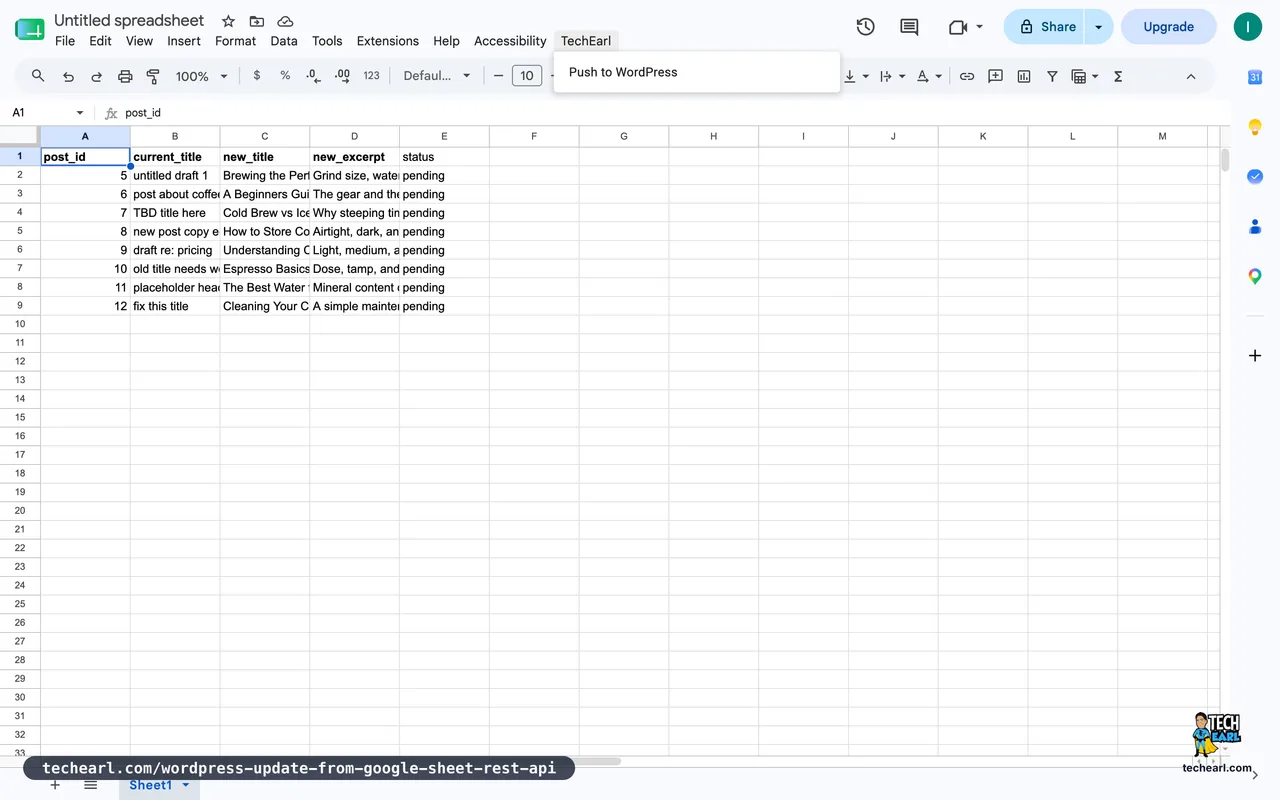 The TechEarl custom menu open in the Google Sheets menu bar, showing a single Push to WordPress item