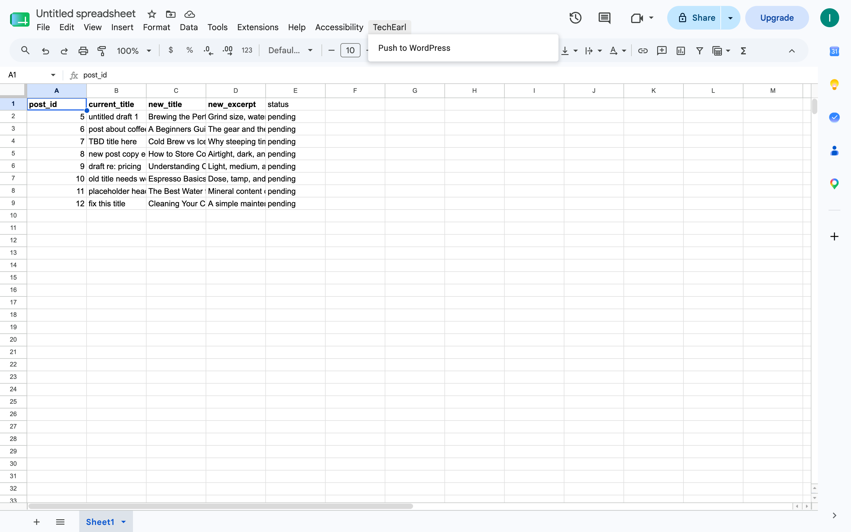 The TechEarl custom menu open in the Google Sheets menu bar, showing a single Push to WordPress item