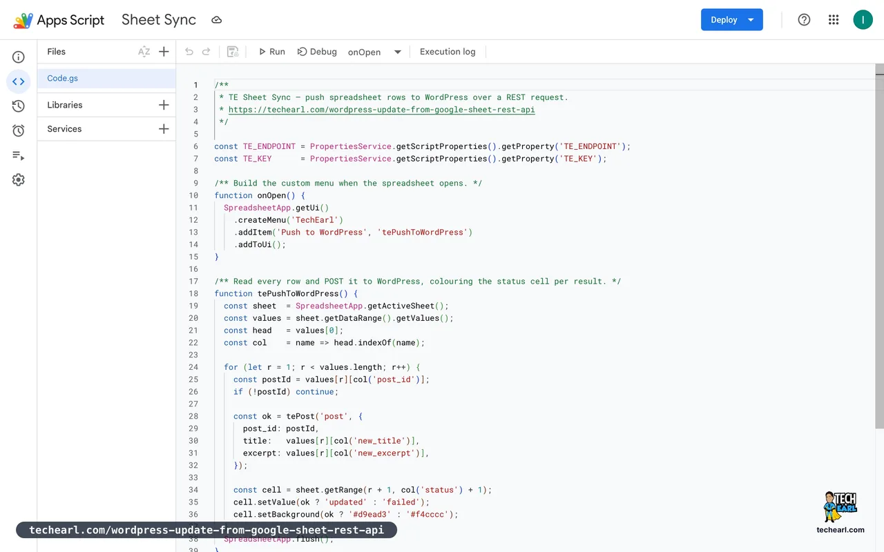 The Google Apps Script editor showing the Sheet Sync project with onOpen, tePushToWordPress, and tePost functions reading the endpoint and key from Script Properties