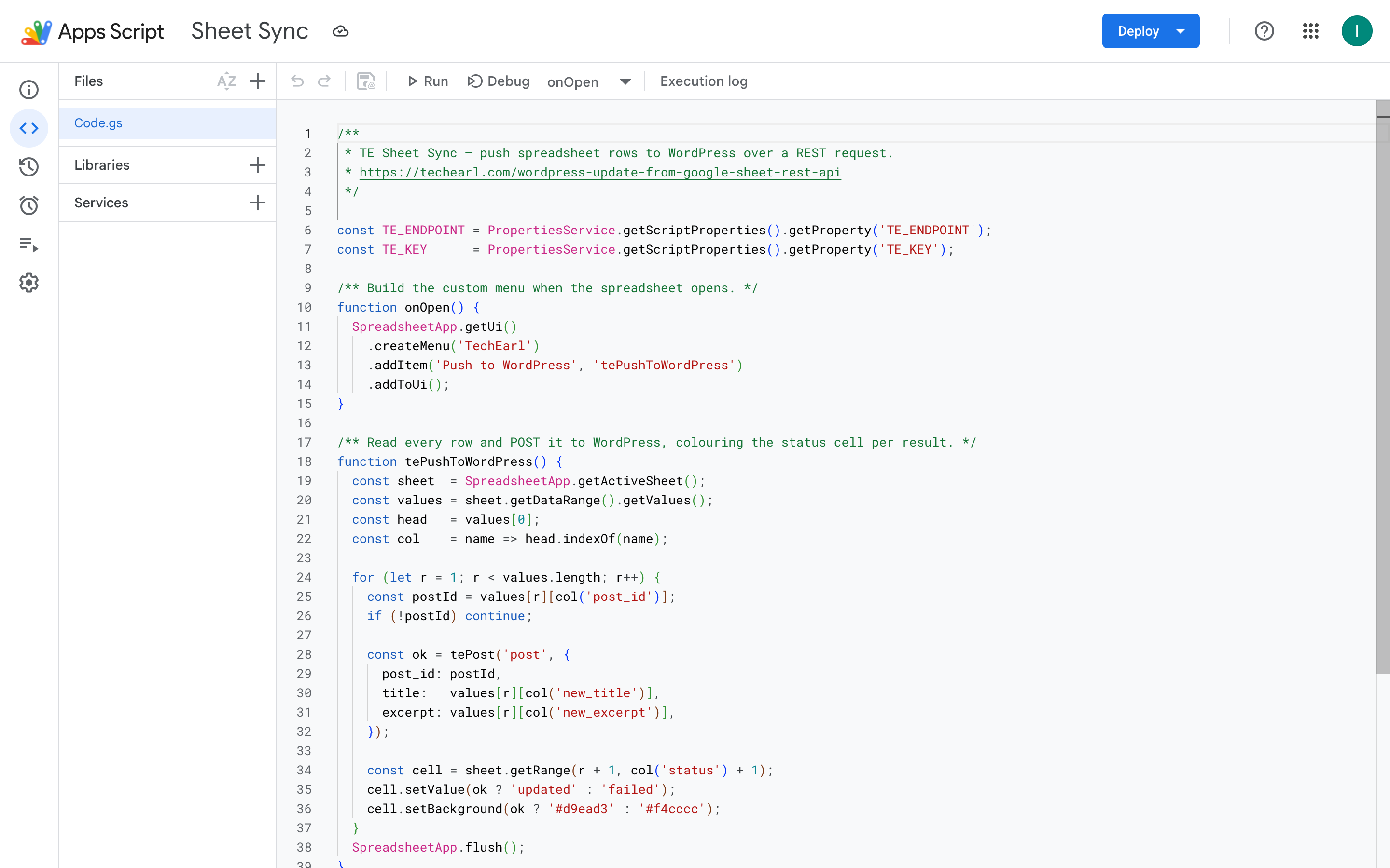 The Google Apps Script editor showing the Sheet Sync project with onOpen, tePushToWordPress, and tePost functions reading the endpoint and key from Script Properties