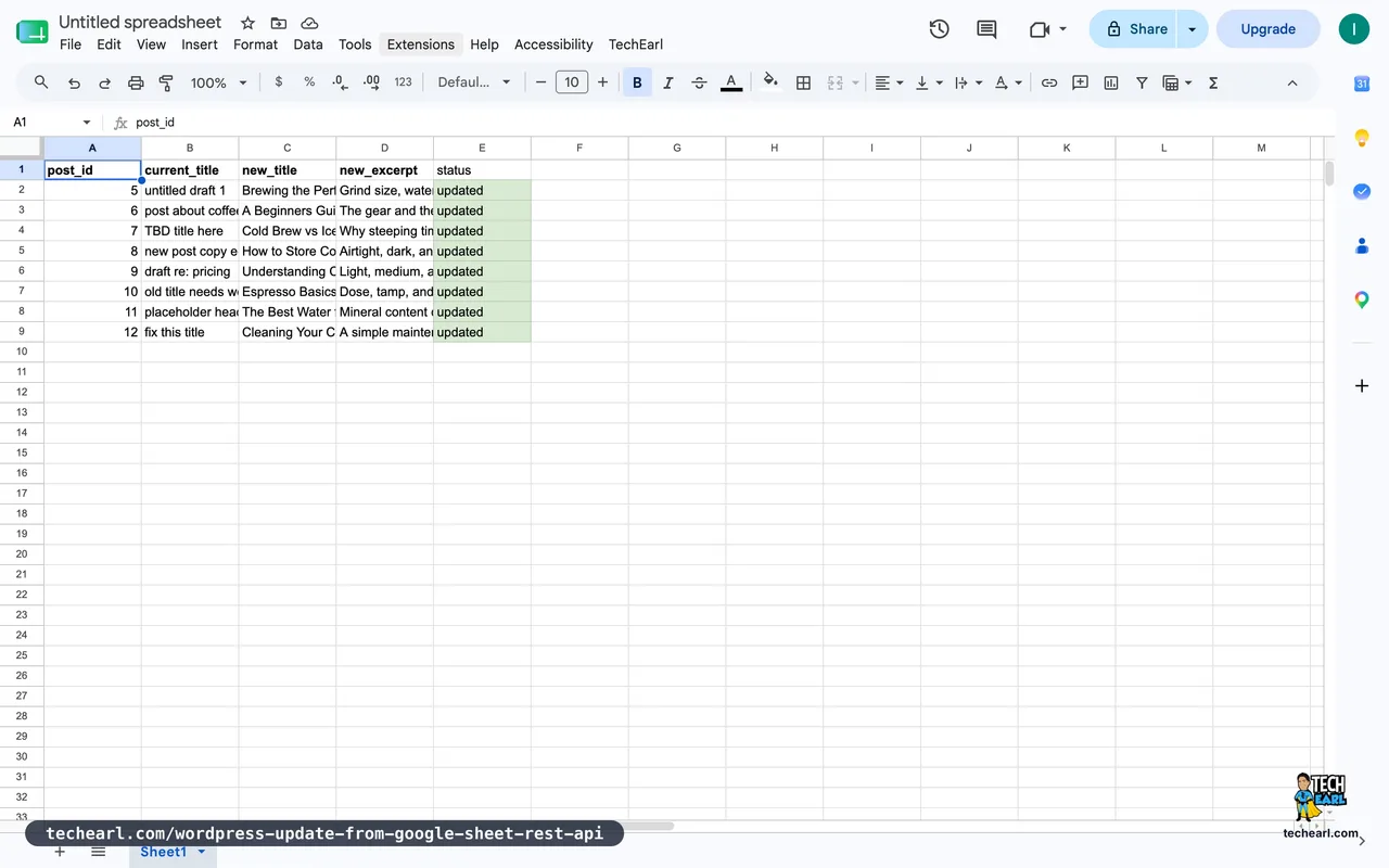 The same Google Sheet after the push, with every row's status cell now reading updated on a green background